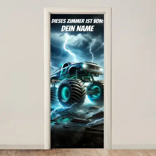 Monstertruck im Gewitter mit Namensfeld. deurposter klein -3d_beige