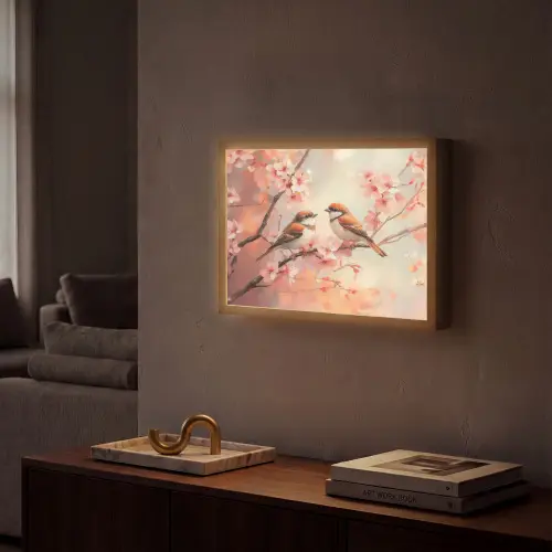 Vogels - Romantic - Bloesemtak Light Box met batterij (Wandlamp) middel -sfeer1