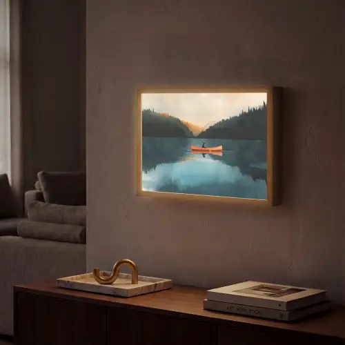 Bossen - Meer - Kano - Oranje Light Box met batterij (Wandlamp) middel -sfeer1