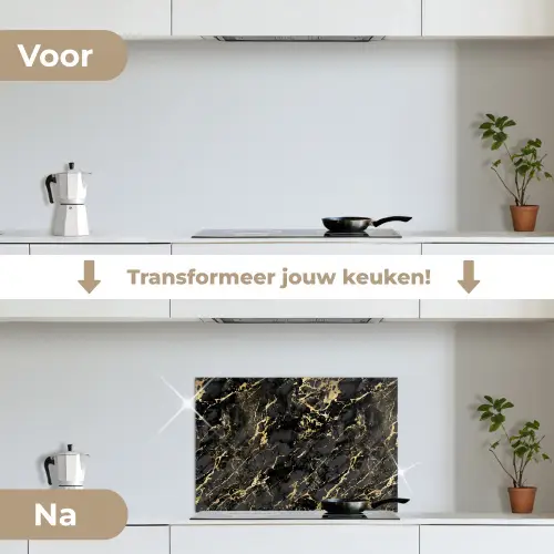 Marmer - Zwart - Goudstructuur keuken achterwand spatscherm klein 900 -voor_na_NL