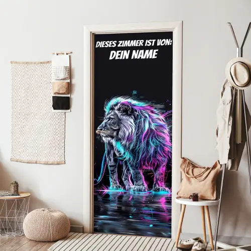 Neon-Löwe auf dunklem Hintergrund mit Namensfeld. deurposter klein -sfeer6