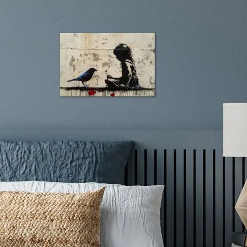 Street art - Meisje - Vogel - Graffiti - Banksy poster papier klein -sfeer2