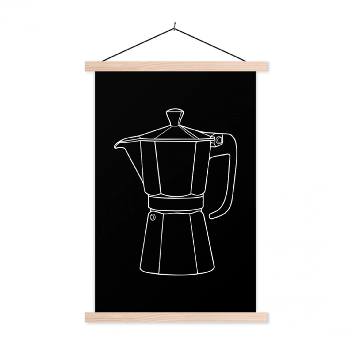 Mokkapot - Zwart - Wit - Lijntekening textielposter latten blank klein -3d