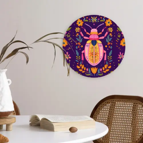 Kever - Felgekleurd - Bloemen - Bladeren Wandcirkel kunststof plaat 5mm dik klein -sfeer4