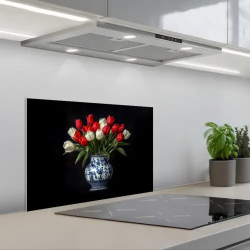Rode - Bloemen - Tulpen - Vaas keuken achterwand spatscherm klein -3d_schuin