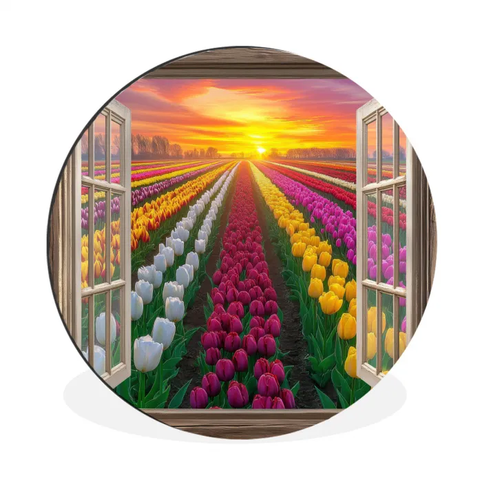 Doorkijk - Bloemen - Tulpen - Kleurrijk - Zonsondergang Wandcirkel aluminium klein -3d