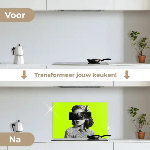 Vrouw - Sterrenhemel - Groen keuken achterwand spatscherm klein -voor_na_NL