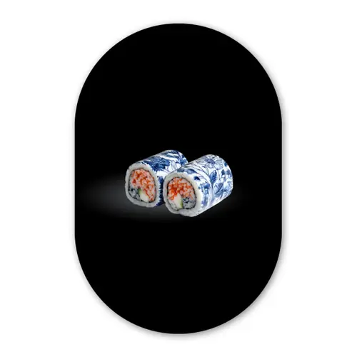 Sushi - Delfts blauw - Rijst - Vis - Elegant Wandcirkel Ovaal Glas middel -3d