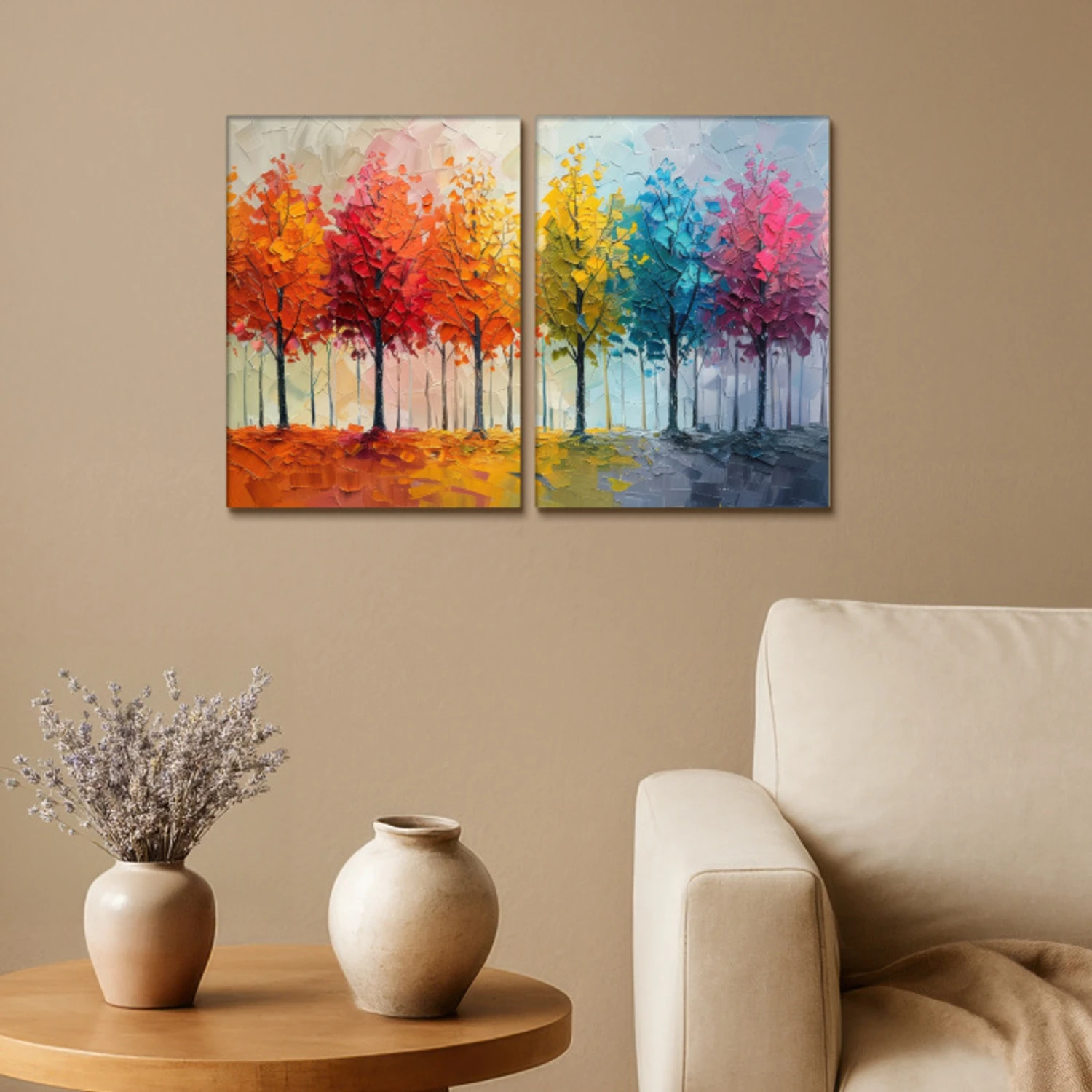 Bomen - Kleurrijk - Modern - Verflook Canvas - Meerluiken 2 luik klein -sfeer1