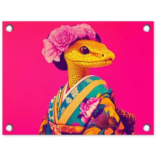 Hagedis - Bloemen - Roze - Kimono tuinposter los doek klein -3d