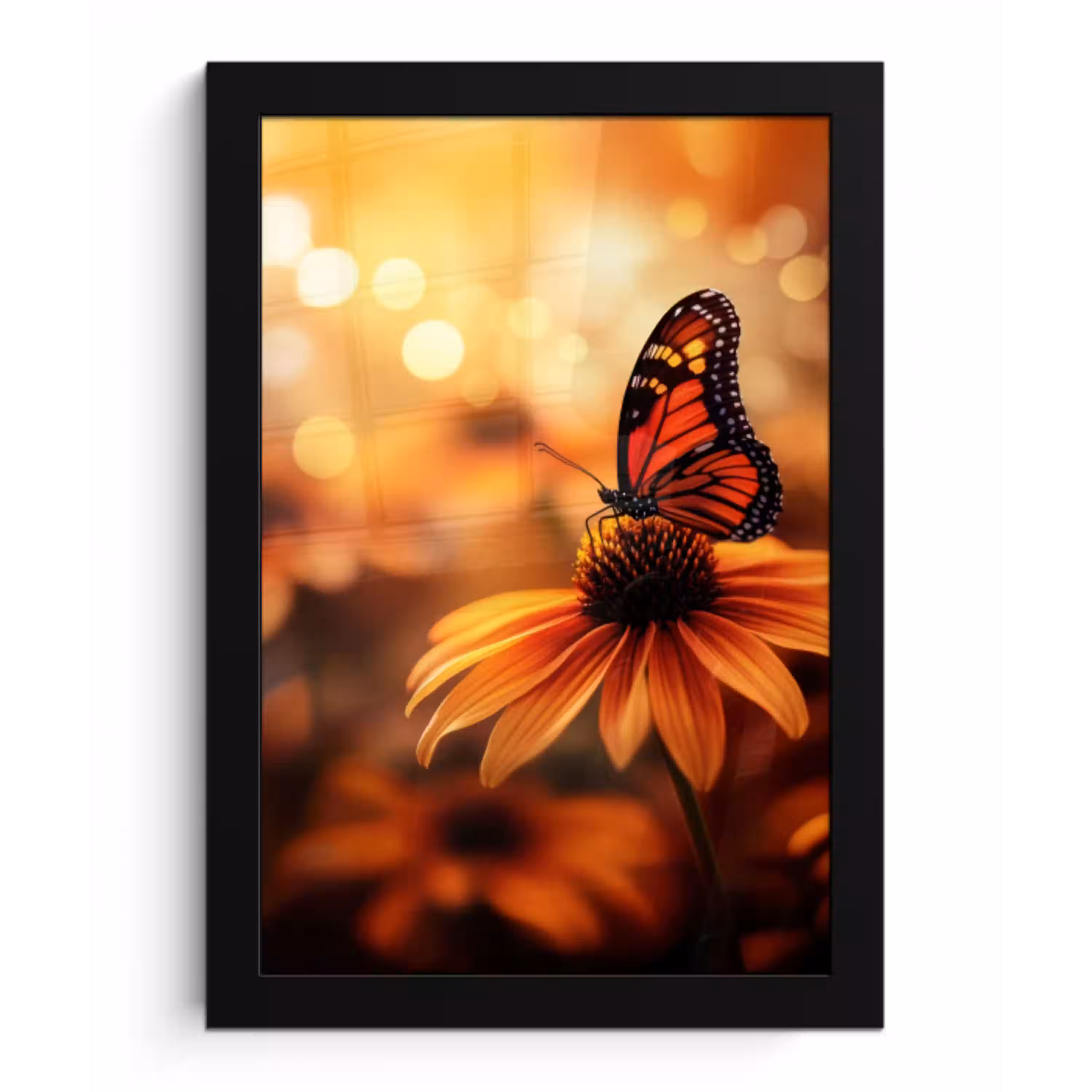 Vlinder - Bloemen - Oranje fotolijst zwart zonder passe partout klein -3d