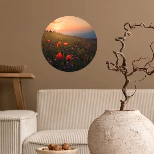 Bloemenveld - Gras - Bloemen - Planten - Zonsondergang - Oranje Wandcirkel behangsticker klein -sfeer1