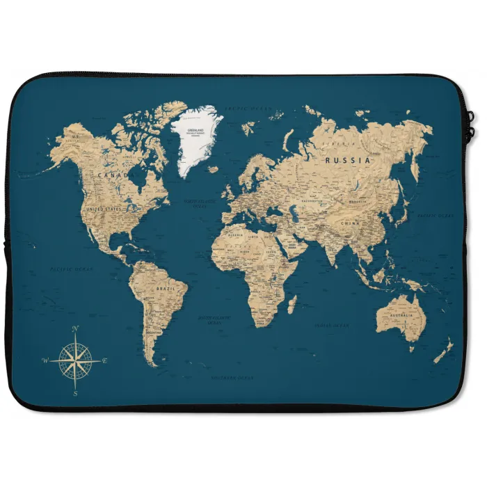 Wereldkaart - Donkerblauw - Beige laptophoes neopreen klein -zkaufland3dotto