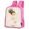 Meisje met een voetbal in beige kleuren Kinderrugzak - Roze middel -schuin