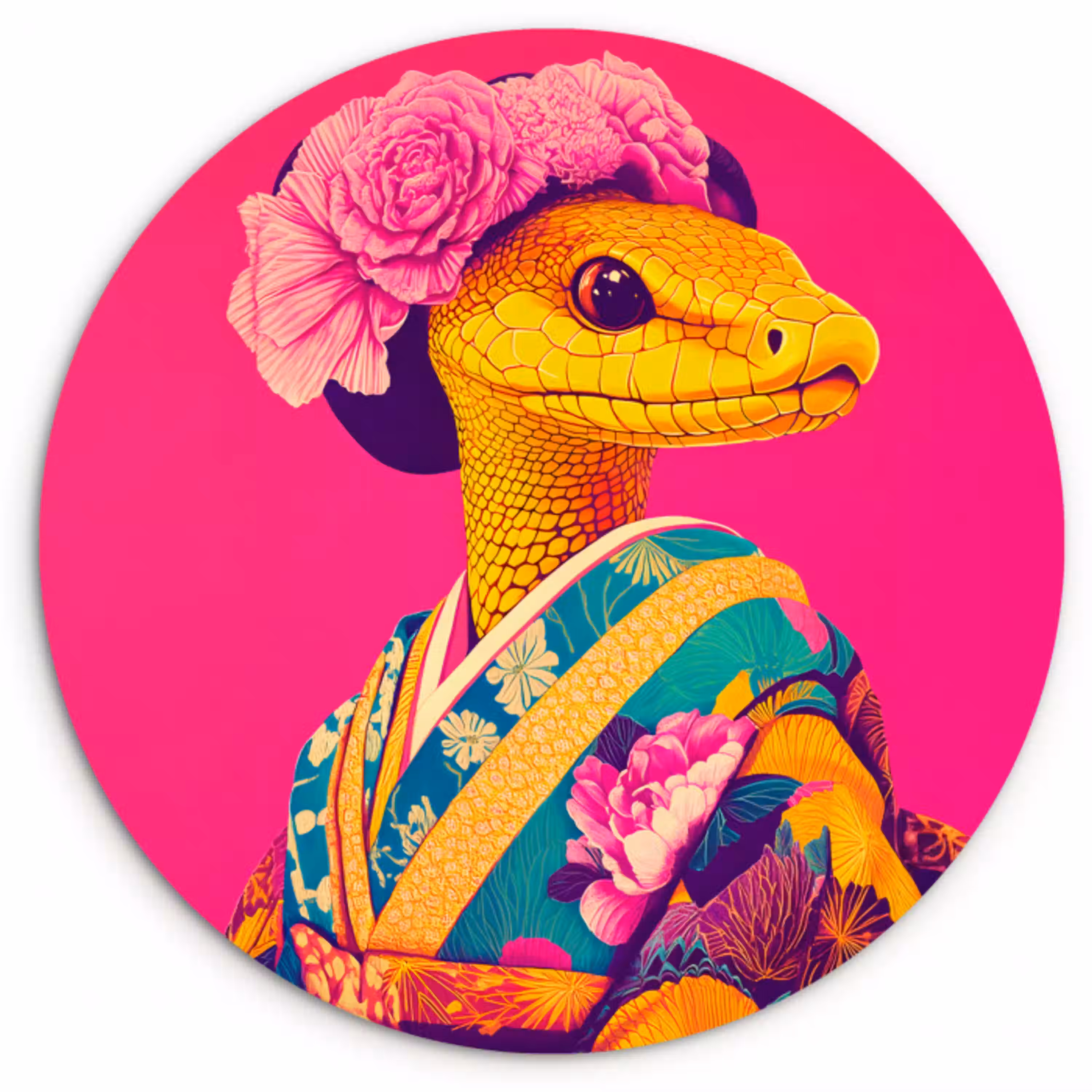 Hagedis - Bloemen - Roze - Kimono Wandcirkel plexiglas klein -3d