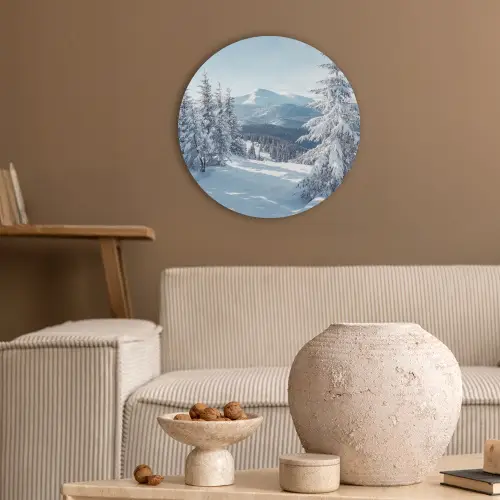 Winterlandschap - Natuur - Berg - Bomen - Sneeuw Akoestische PET Vilt - Rond klein -sfeer1