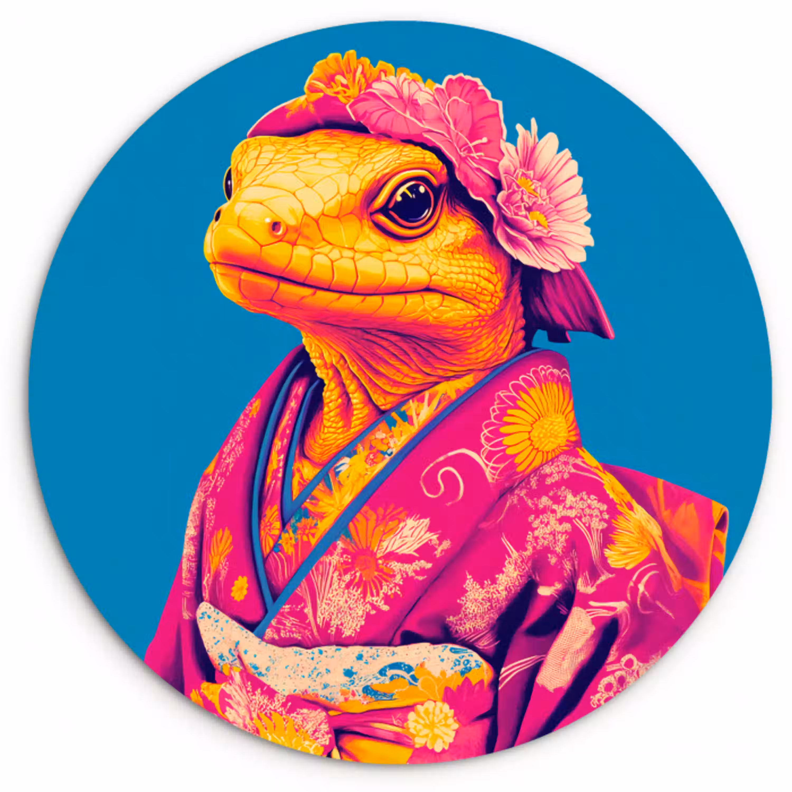 Bloemenkrans - Hagedis - Kimono - Paars Wandcirkel kunststof plaat 5mm dik klein -3d