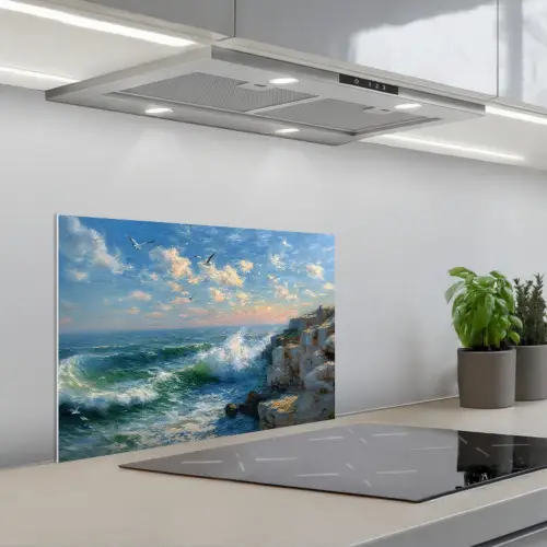 Zee - Golven - Rotsen - Meeuwen keuken achterwand spatscherm klein -3d_schuin