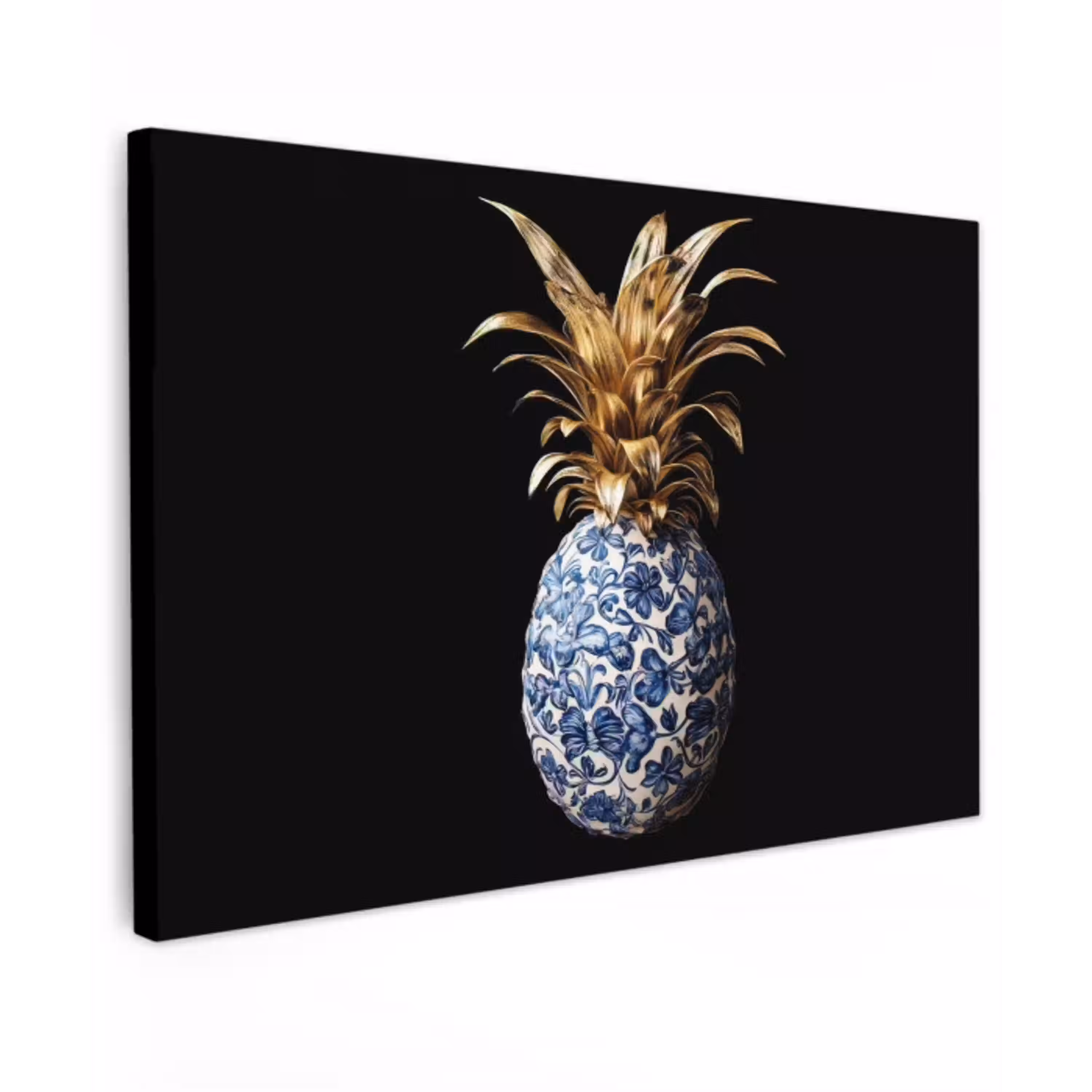 Ananas - Bloemen patroon - Goud - Delftsblauw canvas 2cm klein -z3d