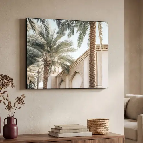 Gebouw - Palmbomen - Beige - Zon Textielframe - compleet frame klein -sfeer3