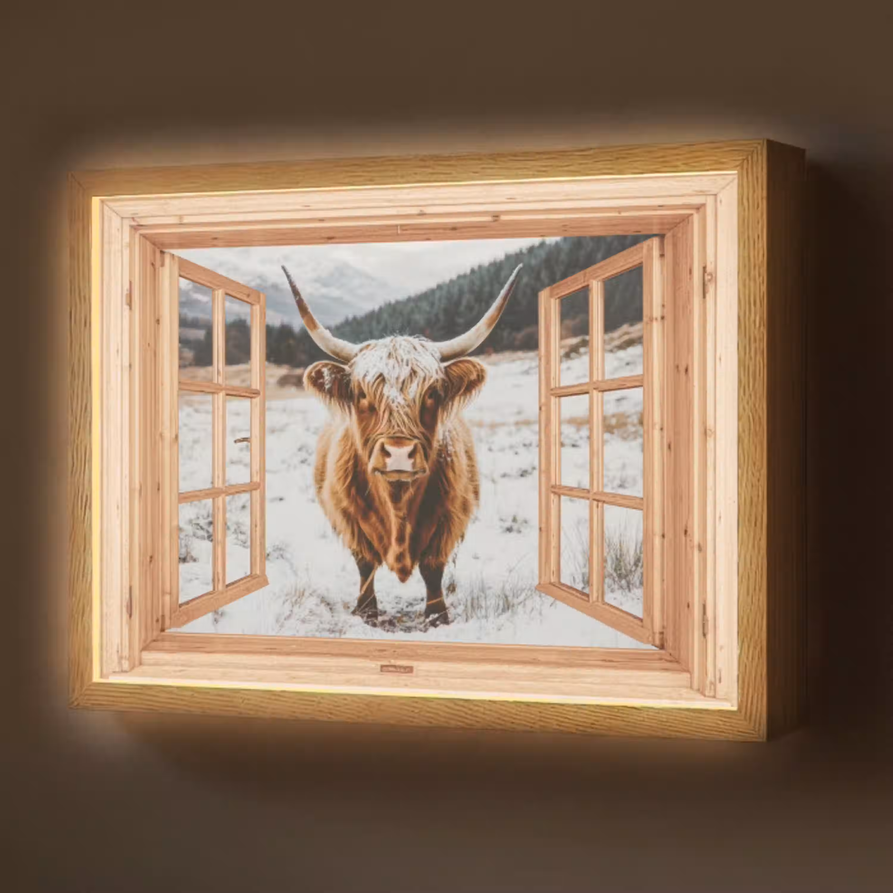 Schotse Hooglander - Landschap - Landelijk - Bergen - Winter - Doorkijk Light Box met batterij (Wandlamp) middel -z3d_website