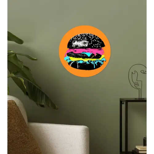 Hamburger - Oranje - Neon - popart Wandcirkel behangsticker klein -sfeer2
