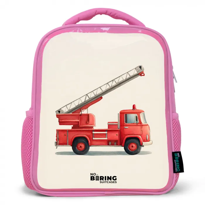 Brandweerwagen - Getekend - Rood Kinderrugzak - Roze middel -3d