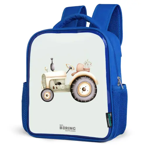 Beige vintage tractor in pastel groene kleuren Kinderrugzak - Blauw middel -schuin