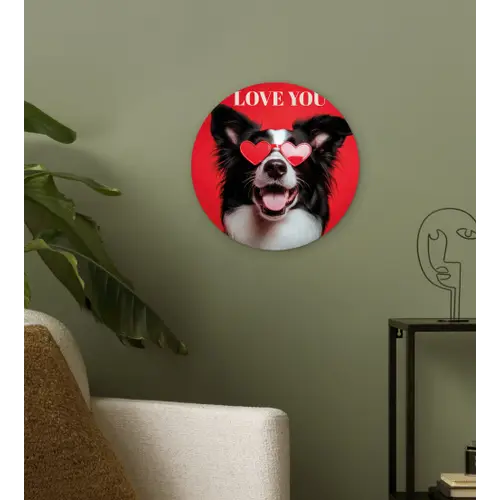 Hond - Hartjesbril - Loveyou - Rood Wandcirkel kunststof plaat 5mm dik klein -sfeer3