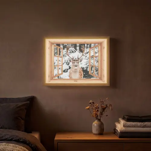 Doorkijk - Hert - Sneeuw - Winter - Bos - Dieren Light Box met batterij (Wandlamp) middel -sfeer4