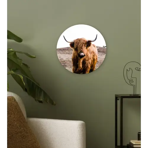Schotse hooglander - Landschap - Koe - Bruin - Dieren - Natuur Wandcirkel kunststof plaat 5mm dik klein -sfeer3