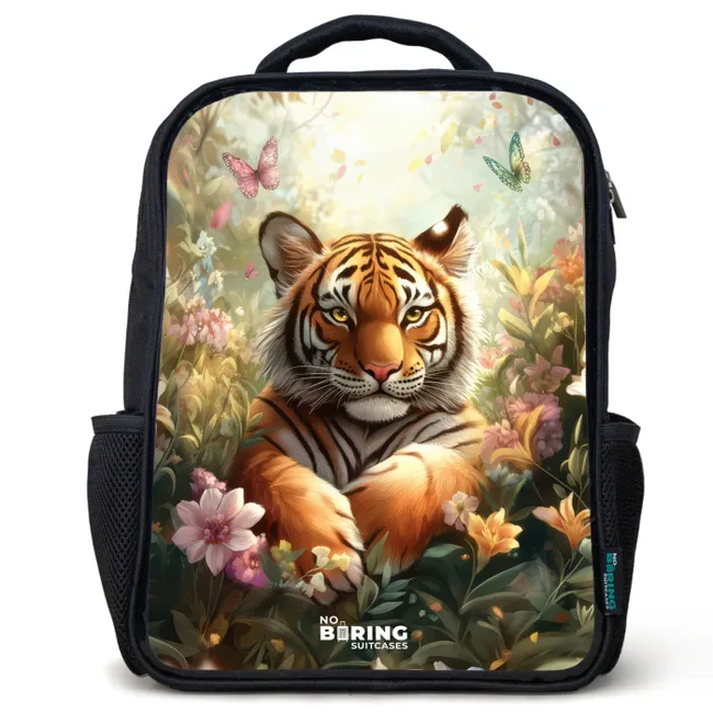 Kids' Backpacks Black -. Tiger in field of flowers with butterflies and sunlight