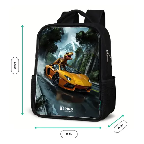T-Rex op oranje sportauto in regenachtig woud Rugzak - Zwart middel -productfoto_formaten