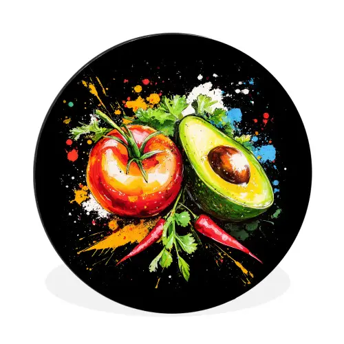 Tomaat - Avocado - Peper - Graffiti - Verf - Modern Wandcirkel aluminium klein -3d