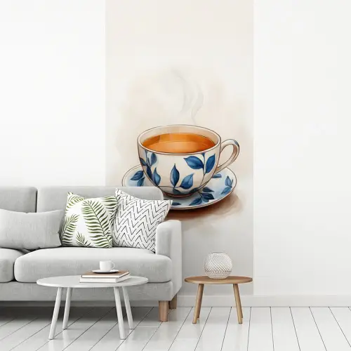 Theekop - Bladeren - Blauw fotobehang vinyl groot -woonkamer