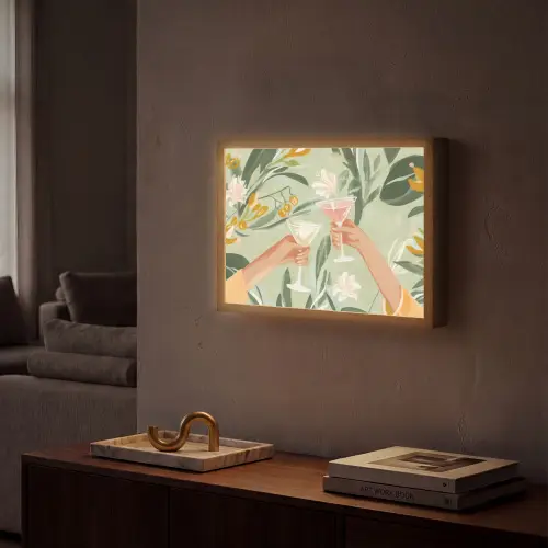 Glazen - Proosten - Bladeren - Groen Light Box met batterij (Wandlamp) middel -sfeer1