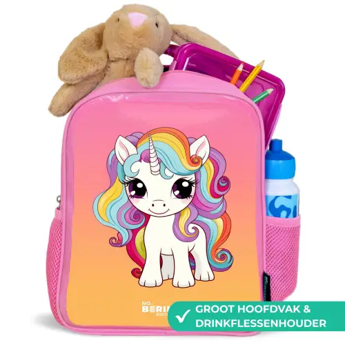 Kleine eenhoorn met regenboog kleuren Kinderrugzak - Roze middel -inhoud_NL