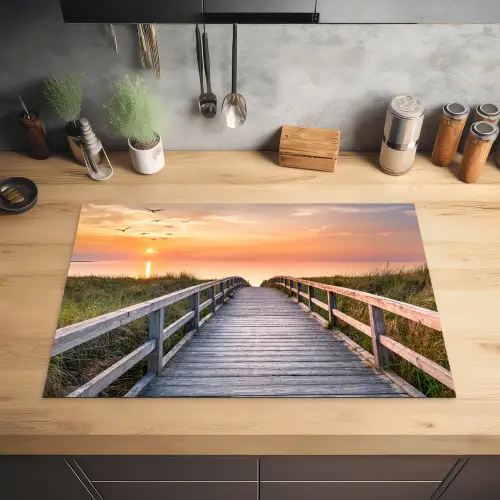 Zonsonderang - Zee - Pad - Gras - Duin - Vogels Inductie beschermer vinyl 3mm klein -sfeer5