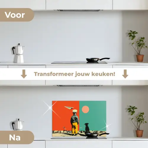Retro - Jongen - Hond - Rood - Groen keuken achterwand spatscherm klein -voor_na_NL