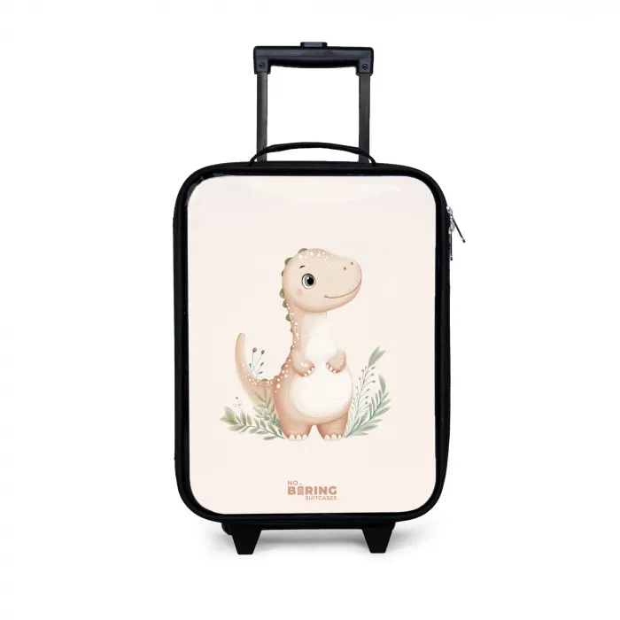 Beige dinosaurus met groene blaadjes Kinderkoffer - Zwart klein -3d