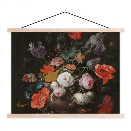 Stilleven met bloemen en een horloge - Schilderij van Abraham Mignon textielposter latten blank klein -3d