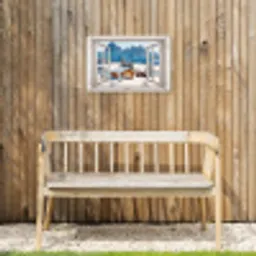 Winterlandschap - Huisje - Bergen - Uitzicht - Doorkijk - Natuur Tuinposter op houten frame 2 cm dik klein -sfeer4