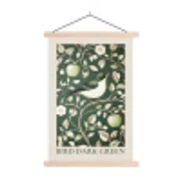 Groen - Vogel  - Bloemen textielposter latten blank klein -3d