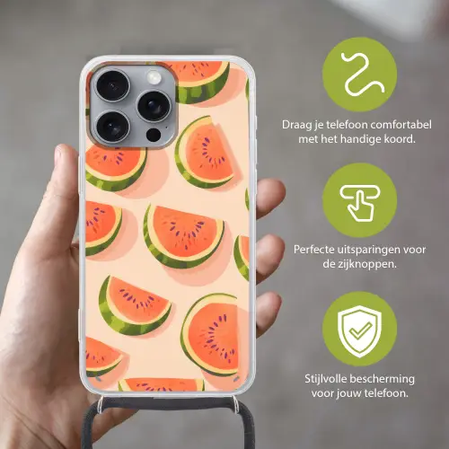 Watermeloen - Schijfjes - Pitten - Rood Hoesje iPhone 16 Pro Max met koord klein -sfeer2_NL