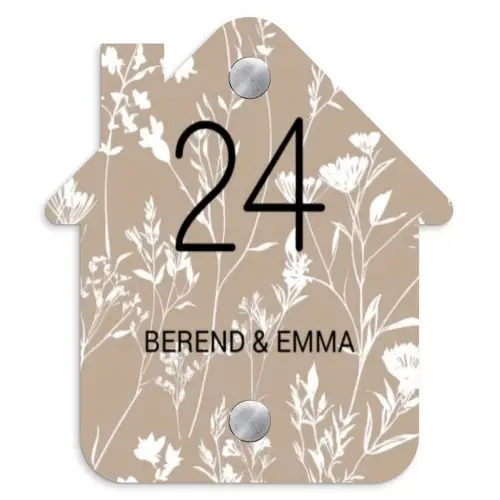Beiges Blumenmuster - Klassisch Naambord Huisje klein -3d