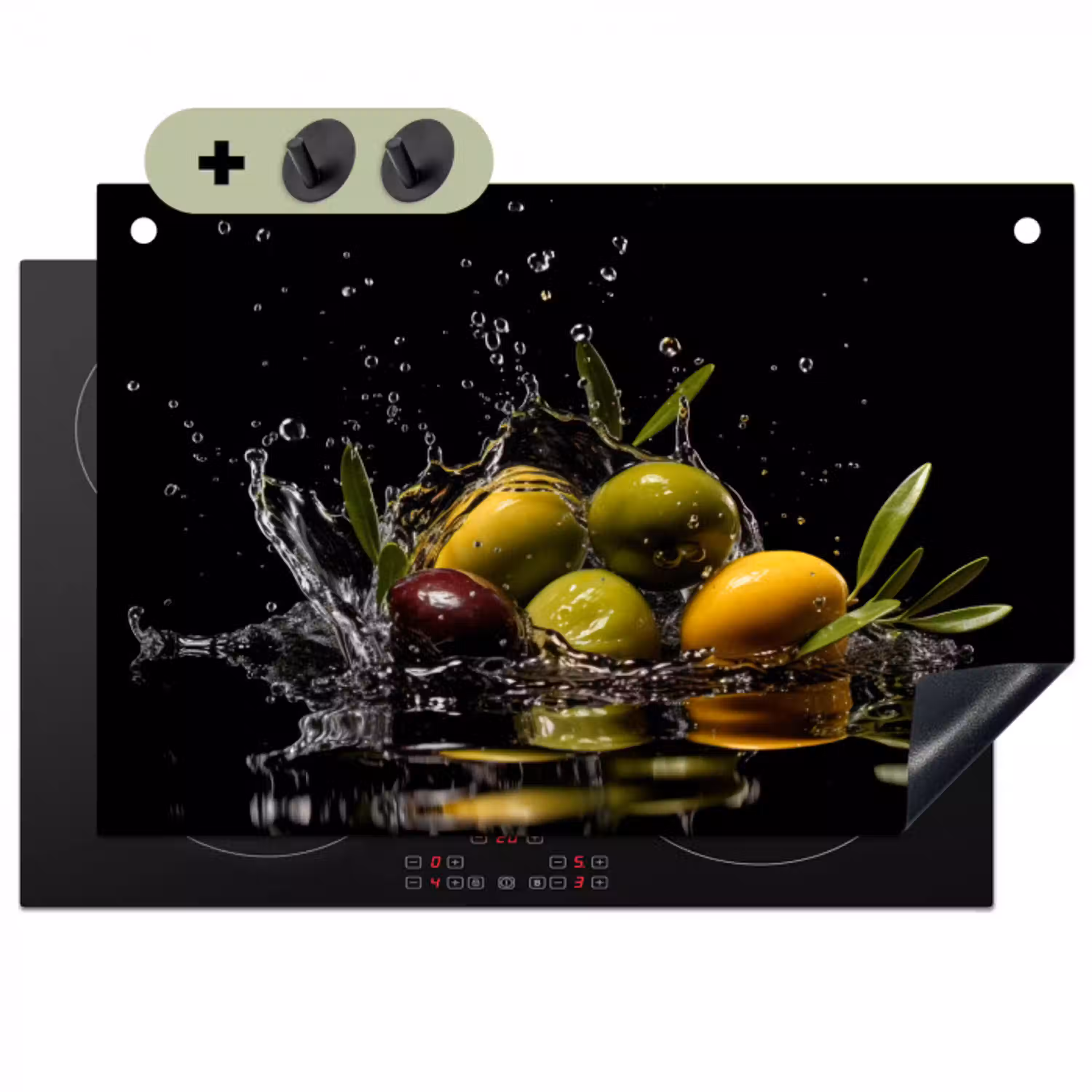 Olijven - Groen - Water - Zwart Inductie beschemer met haakjes klein -3d