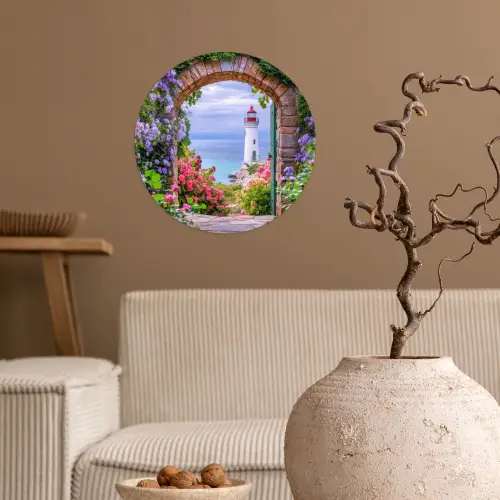 Doorkijk - Vuurtoren - Bloemen - Uitzicht Wandcirkel behangsticker klein -sfeer1