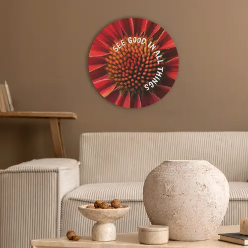 Close up - Bloem - Quote - Rood Akoestische PET Vilt - Rond klein -sfeer1
