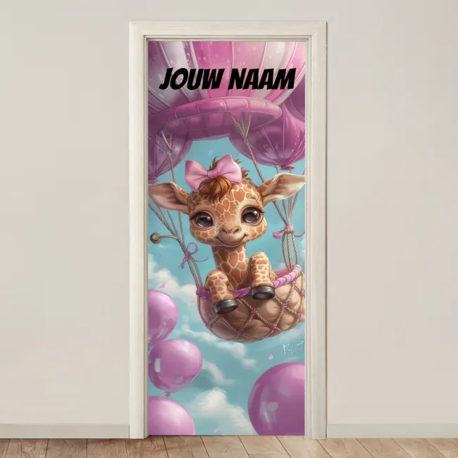Deursticker met naam - Giraffe - Luchtballon - Roze