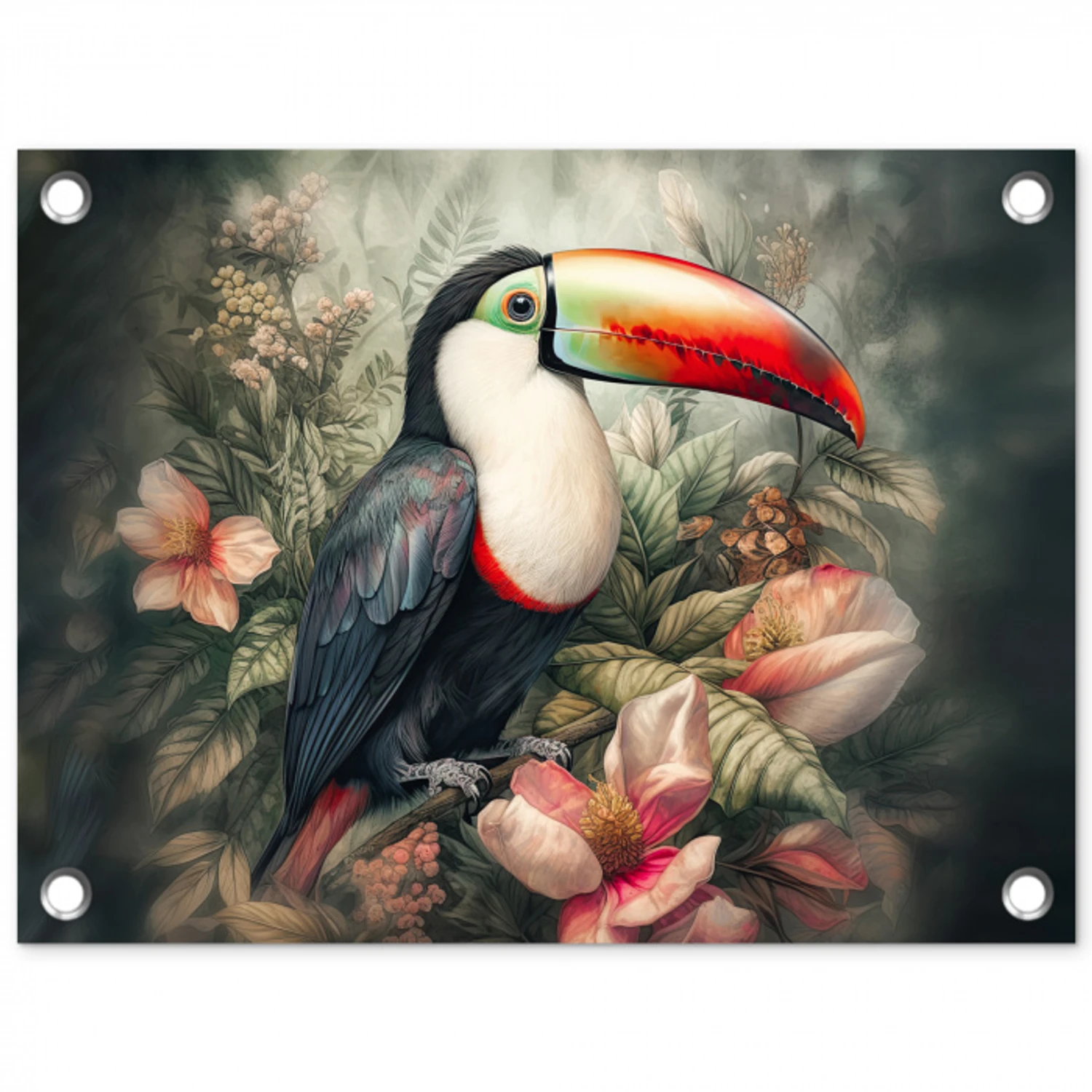 Toekan - Vogels - Bloemen - Planten - Tropisch tuinposter los doek klein -3d